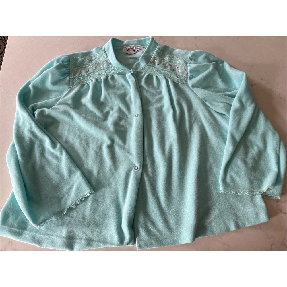 Vtg Vanity Fair Bed Jacket Baby Blue Nylon Lace Womens L USA Roses Nightgown